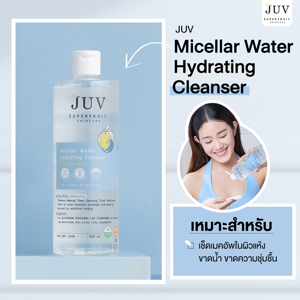 JUV Micellar Water Hydrating Cleanser  ไมเซลล่าบำรุงผิวขาดน้ำ สูตรสีฟ้า